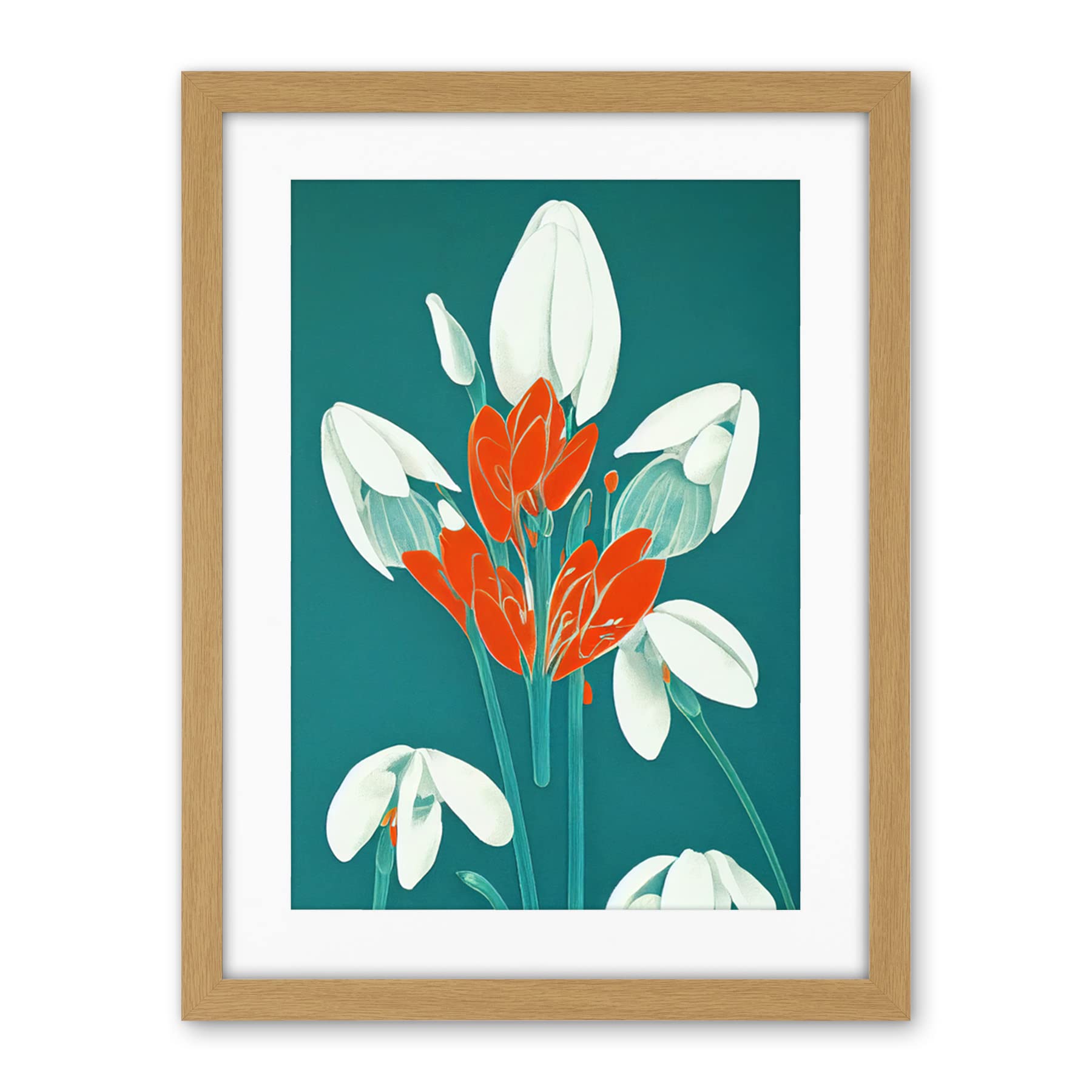 Wee Blue Coo Abstract Snowdrops Red Flowers On Teal Retro Mid Century Style Artwork Framed Wall Art Print 18X24 Inch