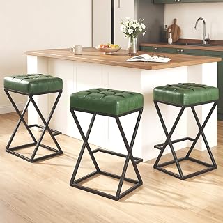 Bar Stools Set of 3, 26 Inch Counter Height Stool Faux Leather Green | Backless Counter Stools with X-Frame Metal Legs, 3.3" Upholstered Seat, Mid-Century Modern, for Kitchen Island, Home Bar
