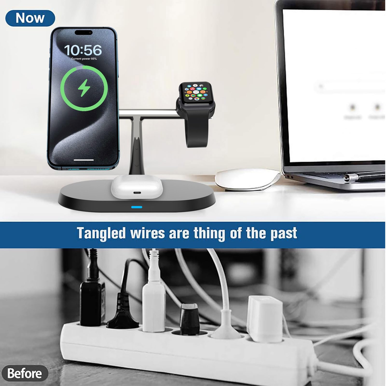 Caricabatterie a induzione, caricatore senza fili 3 in 1, con stazione di ricarica rapida, compatibile con iPhone 15/14/13/12/Pro Max/Plus/Mini, Apple Watch Ultra/9/8/7/6/SE/5/4/3/2, AirPods 2/3/Pro,