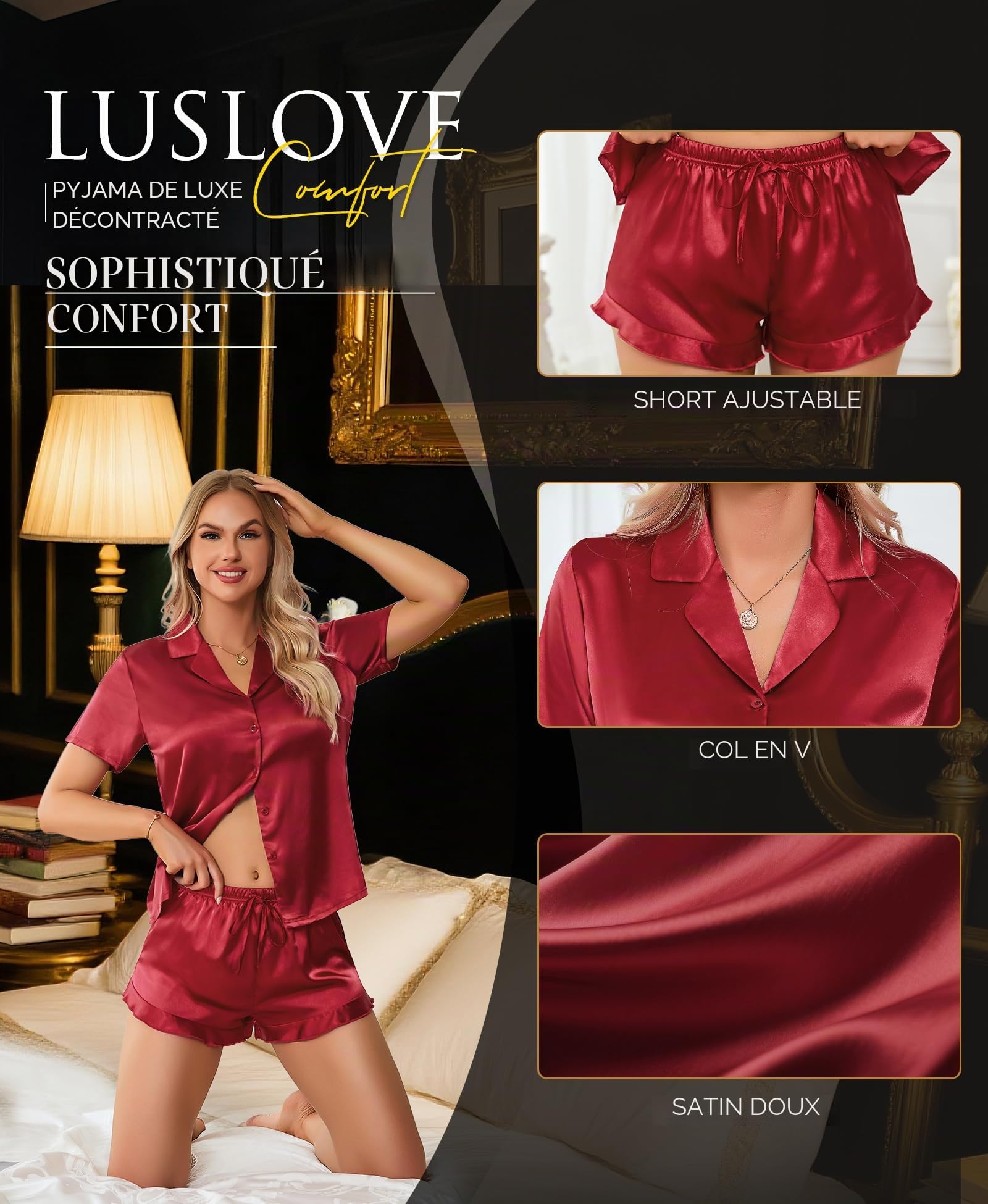 Ensembles de Pyjama Femme Satin - Vêtements de Nuit Ete Haut à Manches Courtes et Short