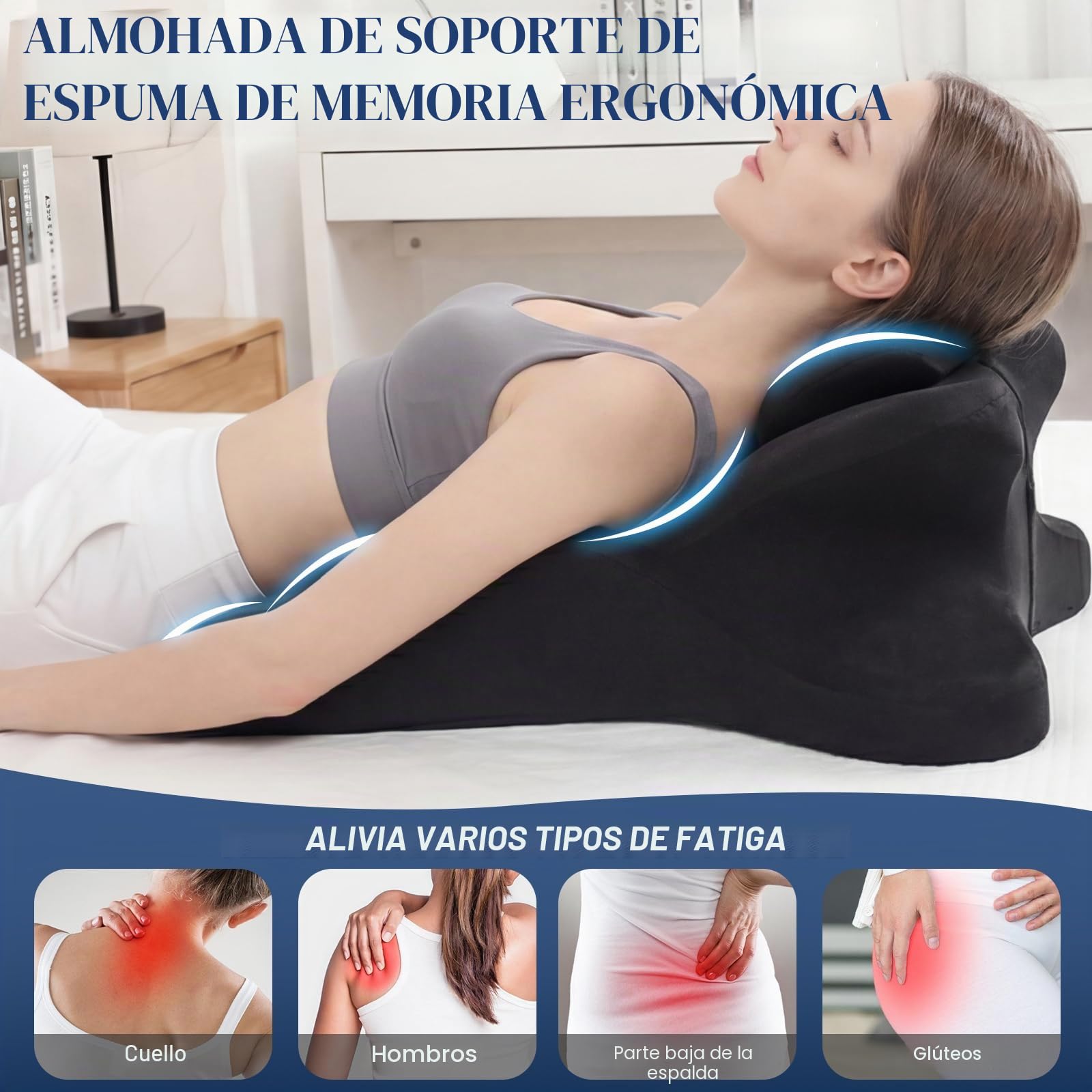 Almohada de Cuña 27° de Espuma Viscoelástica con Reposacabezas Extraíble, Cojín de Lectura para Cama y Sofá, Soporte Ergonómico para Espalda, Cuello y Piernas, Funda Lavable Antideslizante, 59 x 39 cm