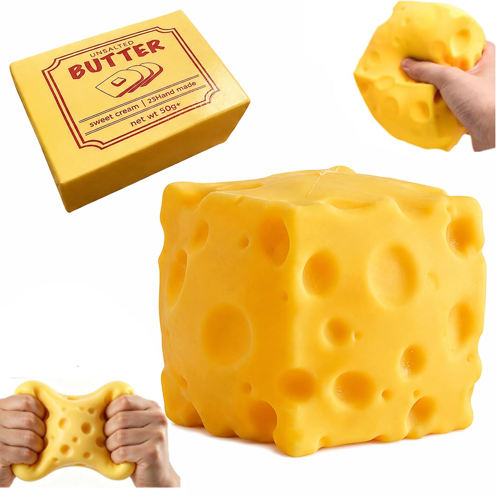 2Pcs Cheese Squishy Jumbo, Jumbo Cheese Squishy Fidget Item Set, Giant Cheese Squishy Squeeze Item, Soft Squeeze Cheese for Office and Home, 2 Piece Set with Butter Shape