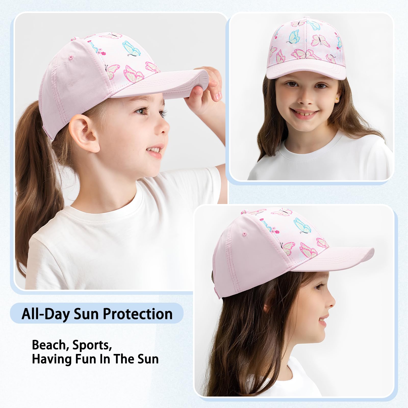 Gorra Niña para 6-8 Años, Béisbol Visera con Agujero para Coleta, Ajustable, Protección Solar UV, Gorro Trucker Verano Primavera 53CM – Regalo para Niñas