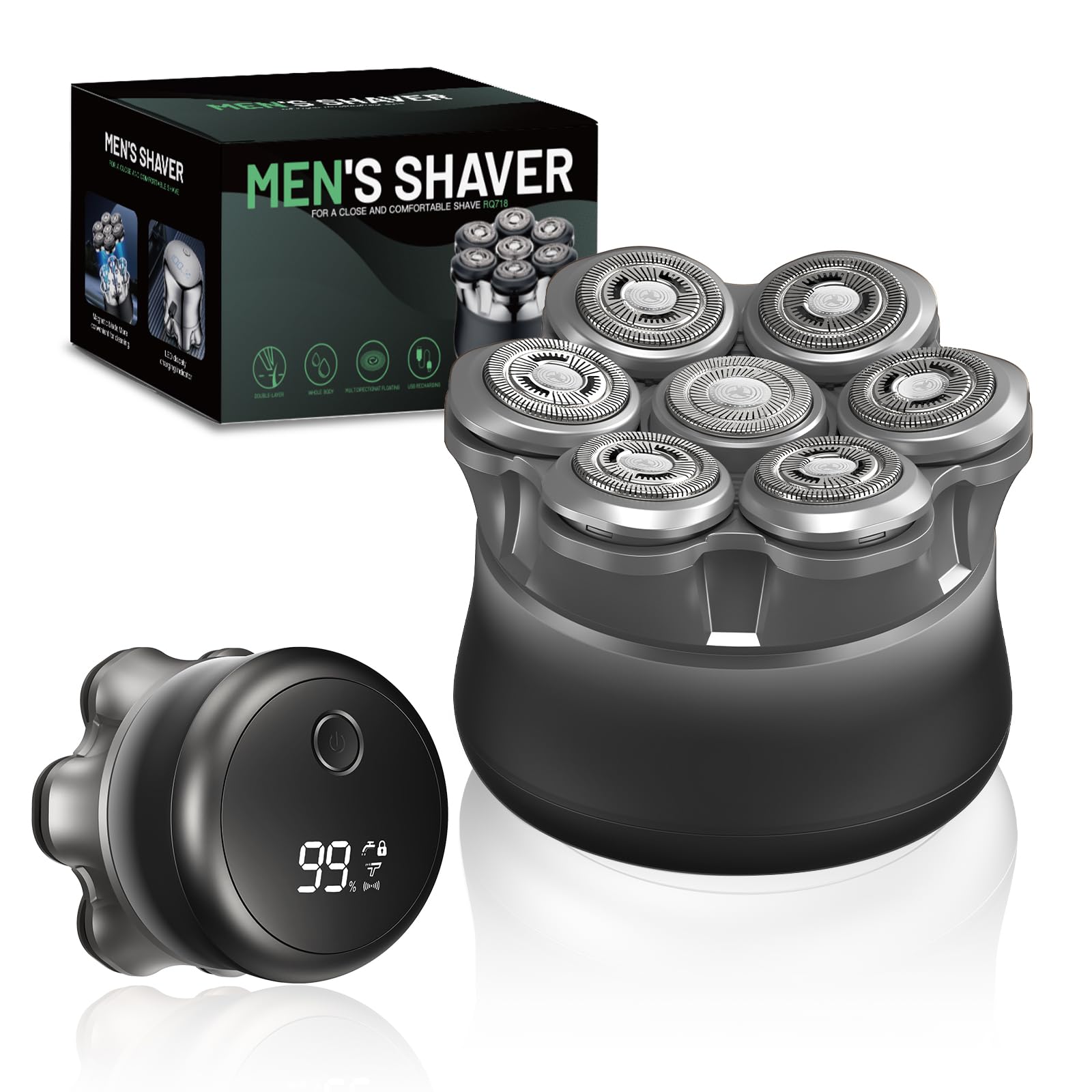Afeitadora cabeza hombre, Maquina afeitar cabeza 7D para hombre magnético | Recargable portátil, Impermeable, para uso en seco y húmedo, Con Pantalla LED Bloqueo de Viaje (6in)