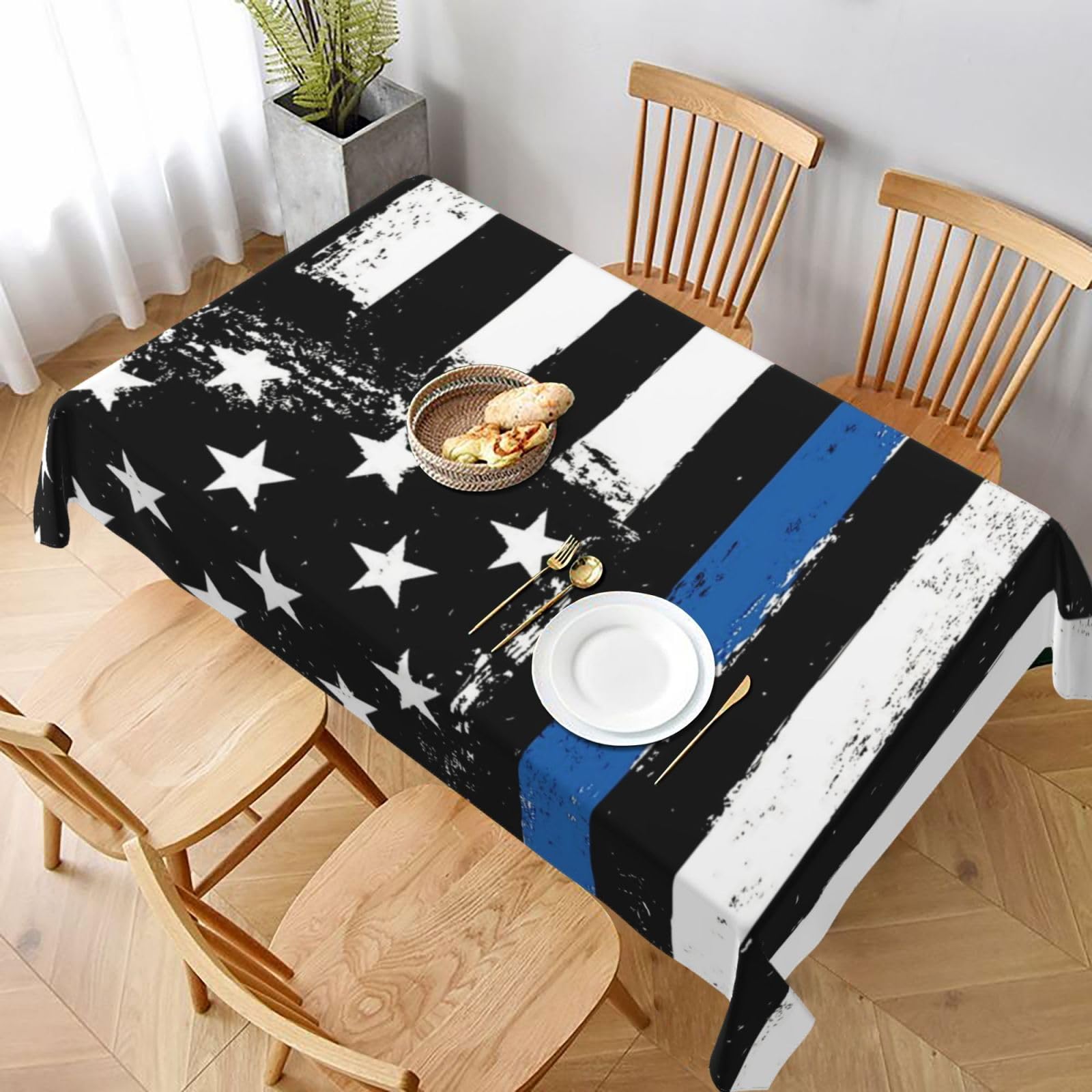 BNVSADC Retro Blue Thin Line Usa Flag Printed Rectangle Tablecloth 228x152 CM, Water Resistant Polyester Table Cloth Decorative Fabric Table Covers for Kitchen Dining Table Parties Camping