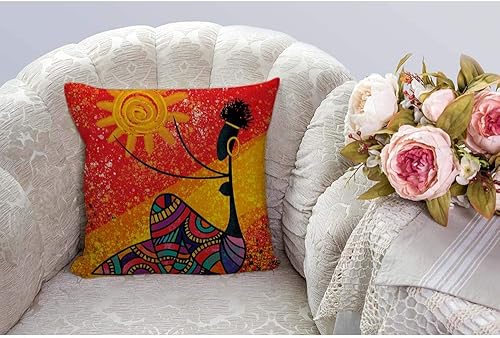 Miniatura 5 de HGOD DESIGNS Funda de almohada de niña africana, diseño abstracto de niña africana sostiene el sol, pintura digital, ilustraciones de algodón, lino,