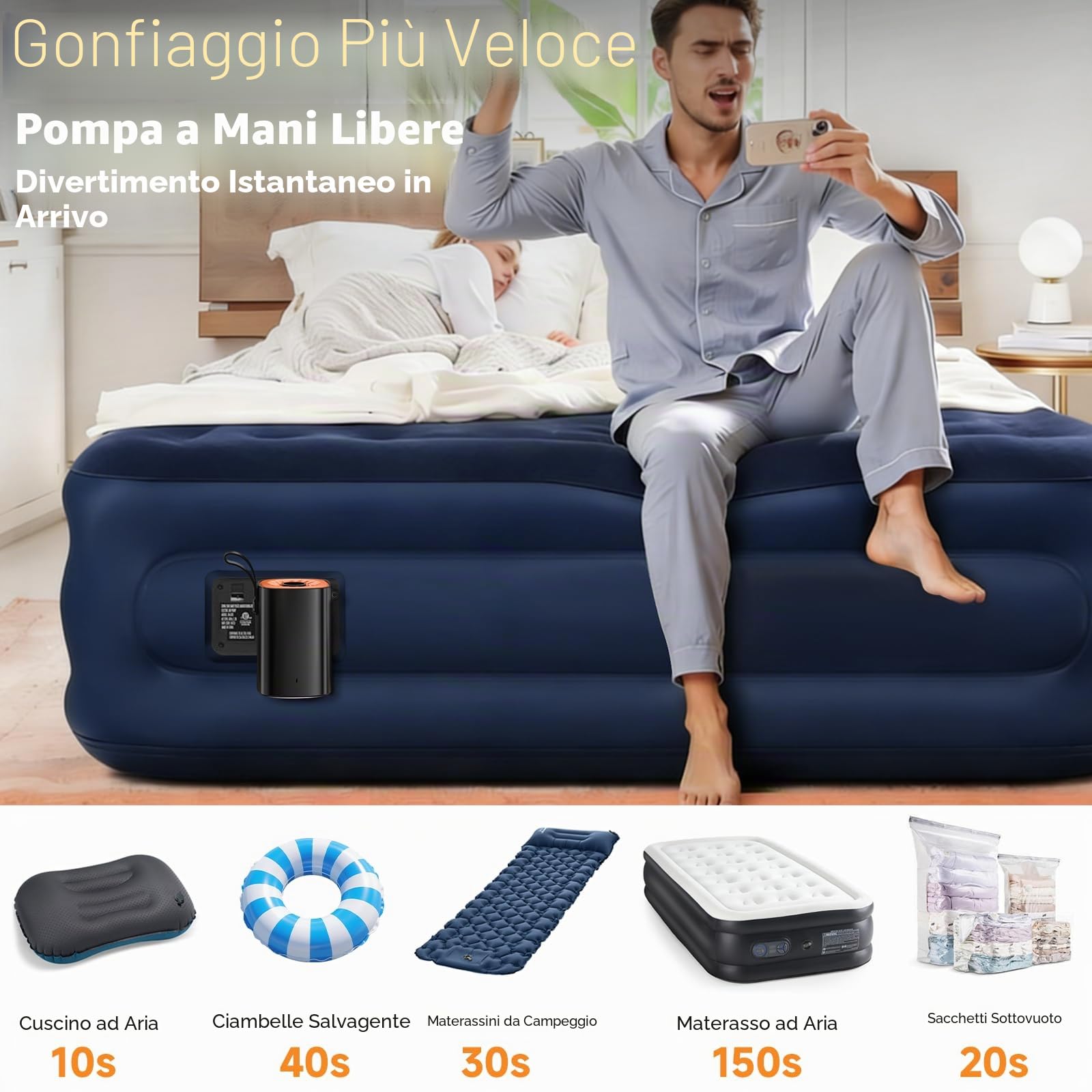 Gonfiatore Elettrico Portatile, 4000mAh Pompa Elettrica con 4 Ugelli/Luce Campeggio/Gancio Adatto per Materasso Gonfiabile,Divano Gonfiabile,Materassino Campeggio,Piscina