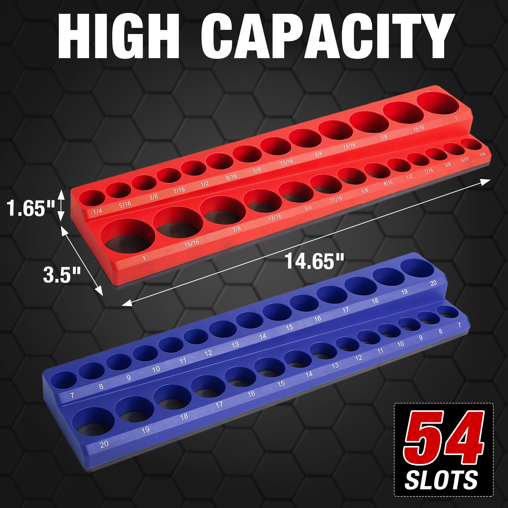 ALOANES 2-Piece Magnetic Socket Organizer Set - 54 Slot Holder For 3/8" Drive SAE & Metric Sockets (Red & Blue)