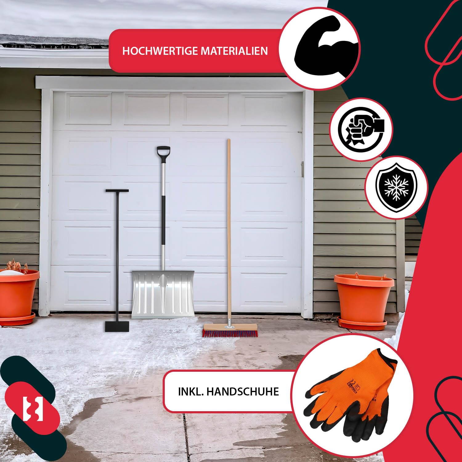 KOTARBAU® Set pala da neve con lama in alluminio 38 x 50 cm, scopa da strada con manico 150 cm, raschietto per ghiaccio 119 cm + guanti, pala da neve, manico per rimozione della neve