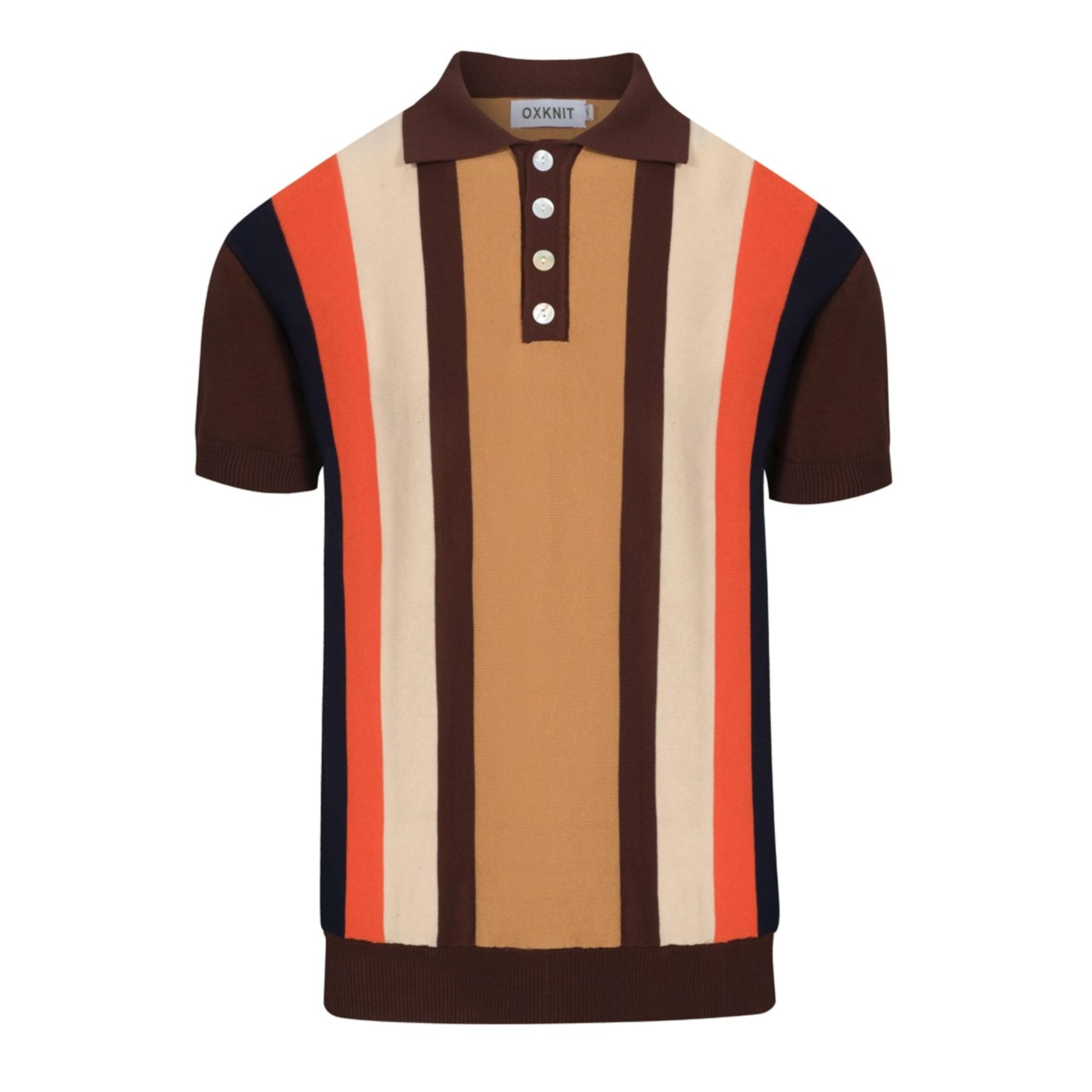 OXKNIT Herren Poloshirt Kurzarm Vintage 60er Jahre Braun Strick Gestreifter Polo Shirt
