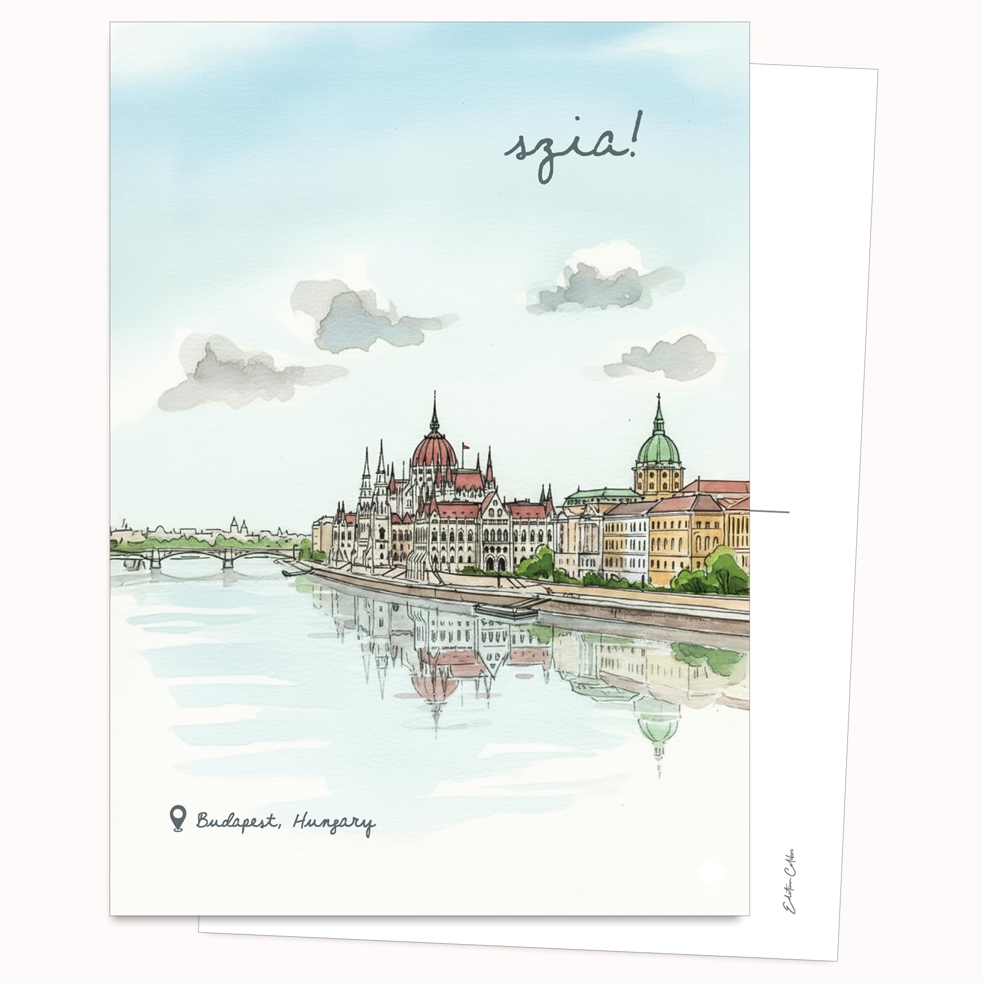 Edition Colibri Postcard - Illustration Budapest Architecture | Set of 10 Flat Cards (A6) - Back for Writing on