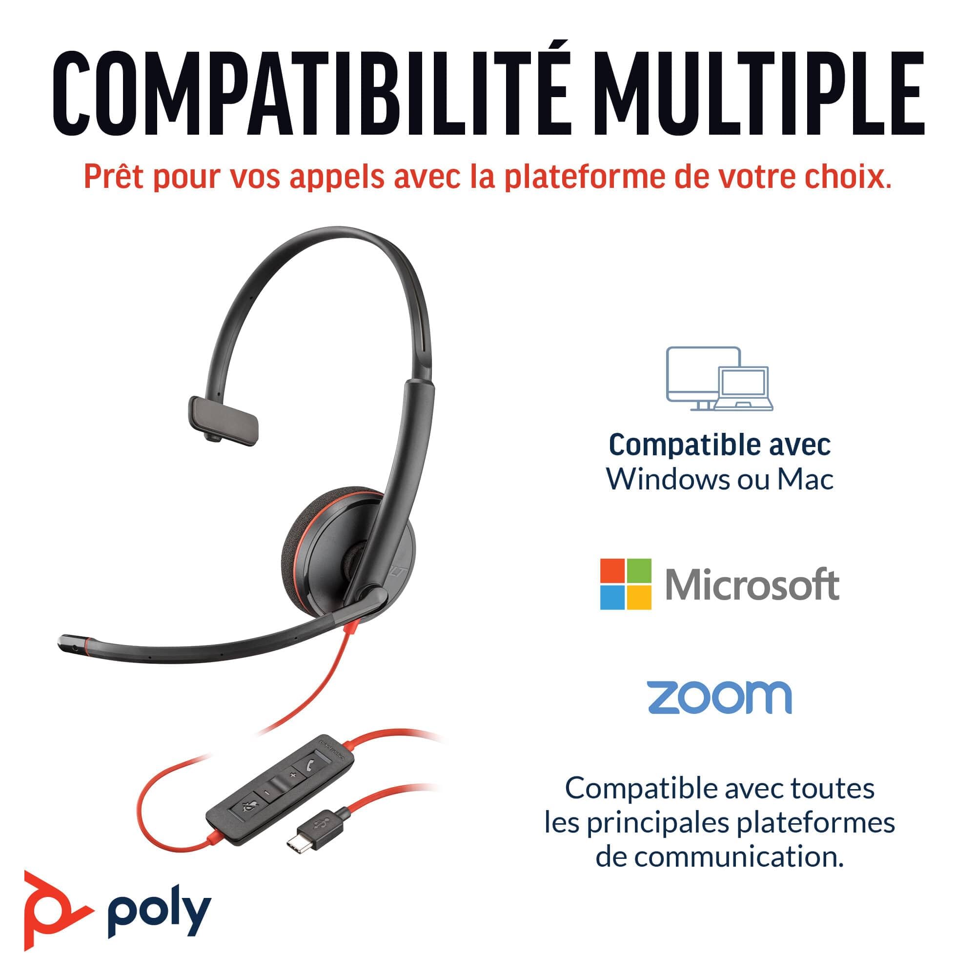 Micro-casque filaire Poly Blackwire 3210 – Microphone antibruit – Conception monaurale – Connexion à un PC/Mac via USB-C ou USB-A – Fonctionne avec Teams, Zoom