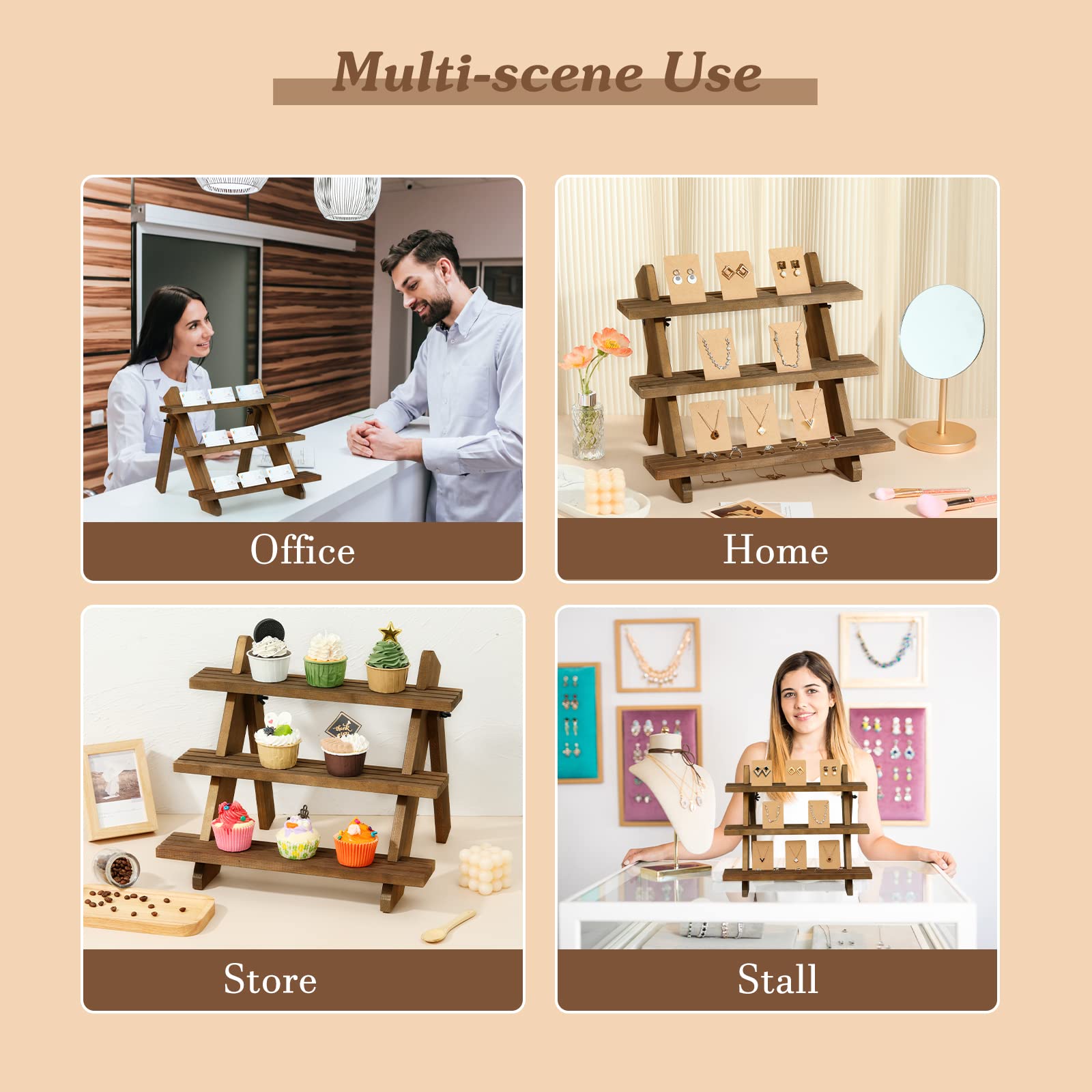 Emibele 3-Tier Wooden Earring & Ring Holder Organizer, Cascading Showcase Jewelry Stand, Brown