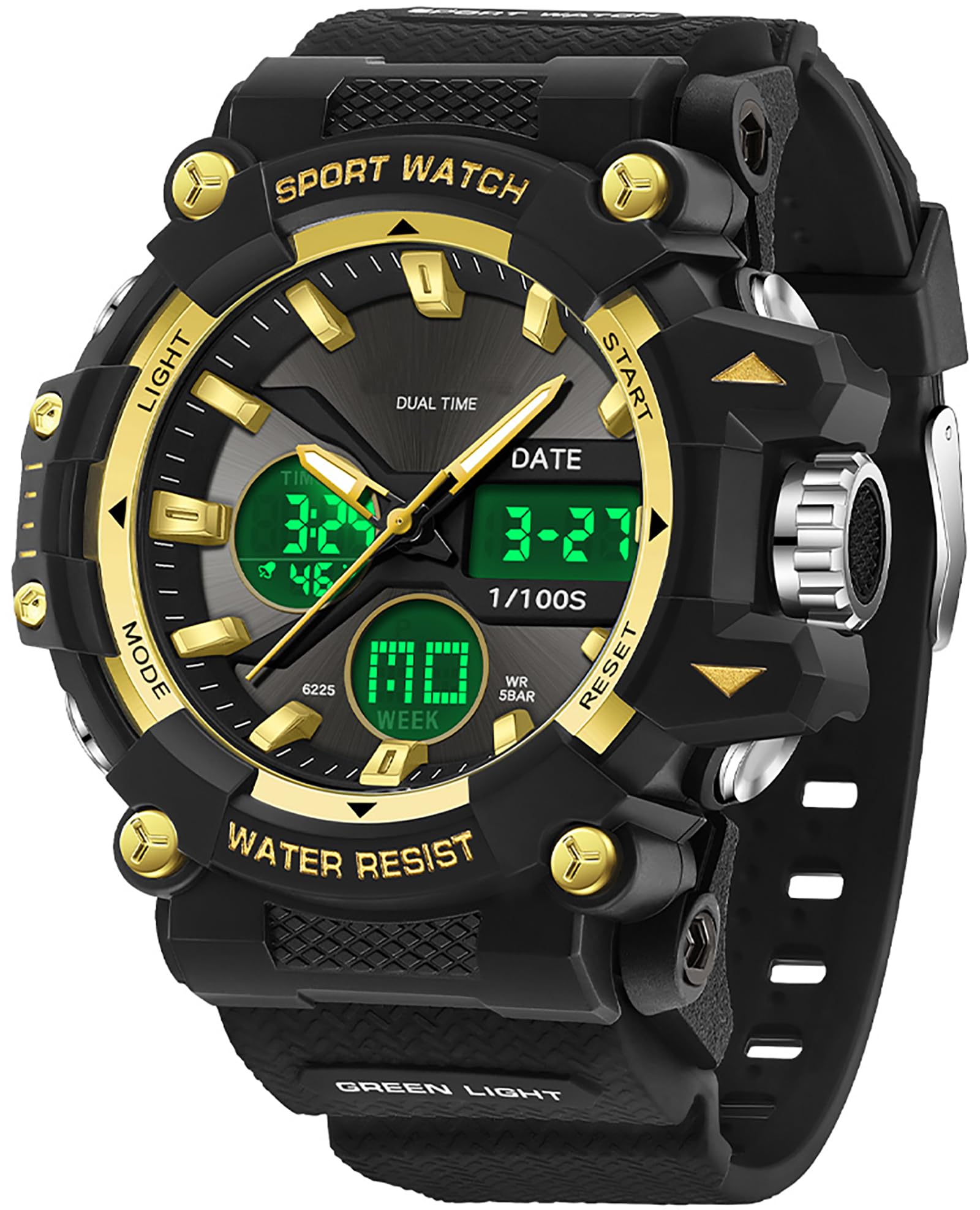 findtime Montre de sport pour homme avec date, analogique, numérique, rétro-éclairage LED, étanche, doré, Décontracté