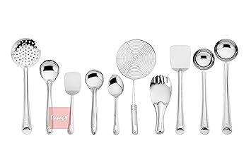 Parage Stainless Steel 10 Pieces Cooking Spoons Set, Contains Ladle, Turner, Strainer, Rice Spoon, Oval Spoon, Serving Spoon, Kitchen Cooking Essential Set for Home, 10 Pcs - image, photos
