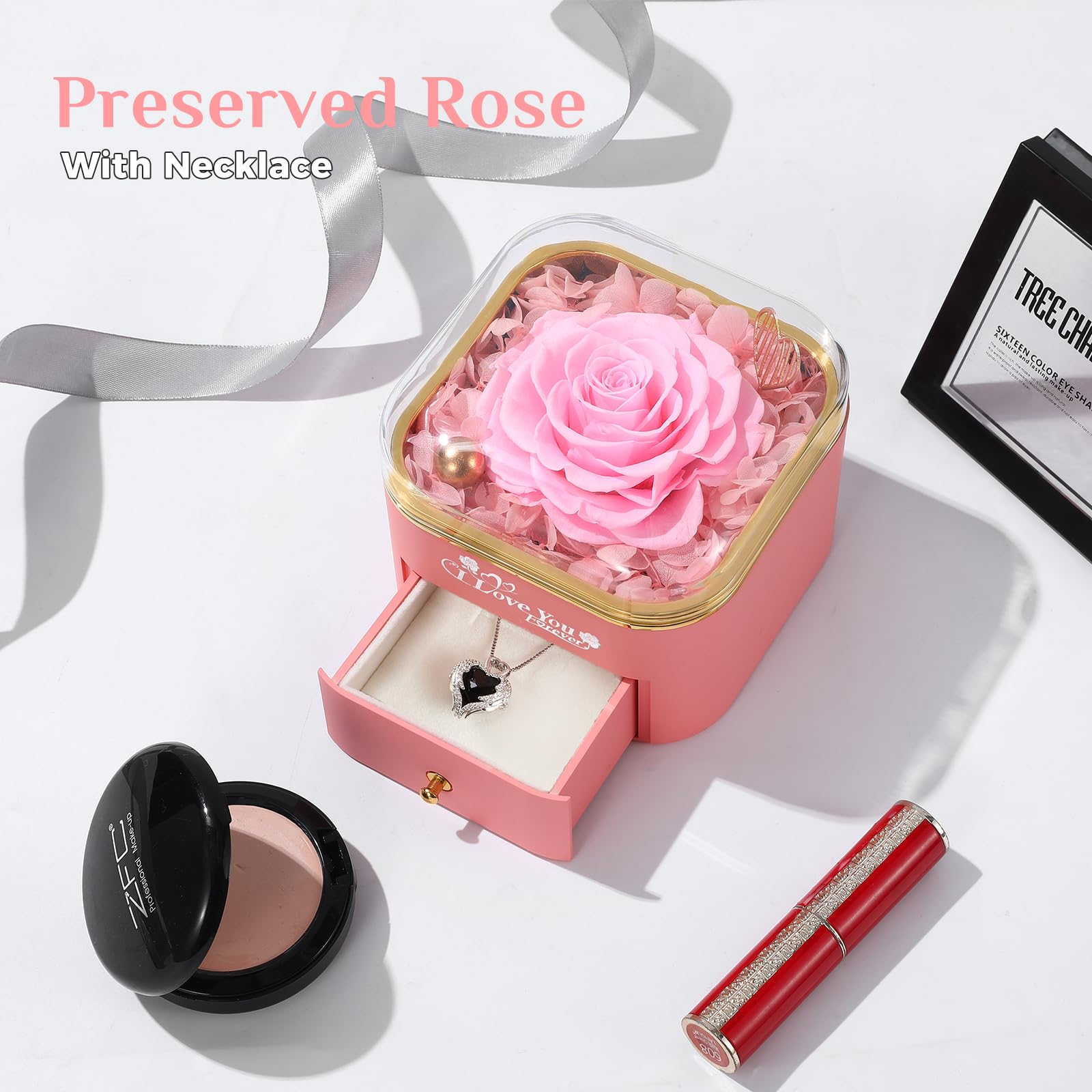Rosa Eterna In Scatola Portagioie – Fiore Conservato A Mano Con Collana A Cuore – Viola – Regalo Romantico Mikasol