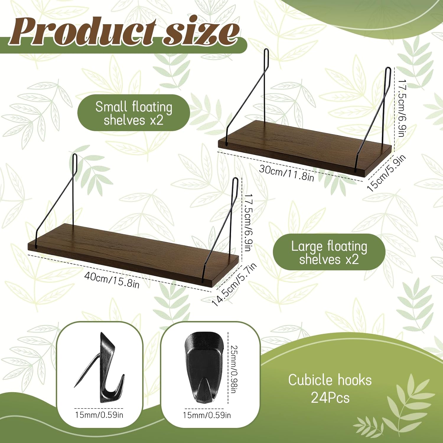 Ripeng 4 Pcs Floating Shelves 2 Sizes Rustic Wall Fabric Cubicle Shelf Mounted Set No Drill Hanging Wooden Farmhouse Storage with 24 Cubicle Hooks for Kitchens Bathrooms Bedrooms Office Plants Display