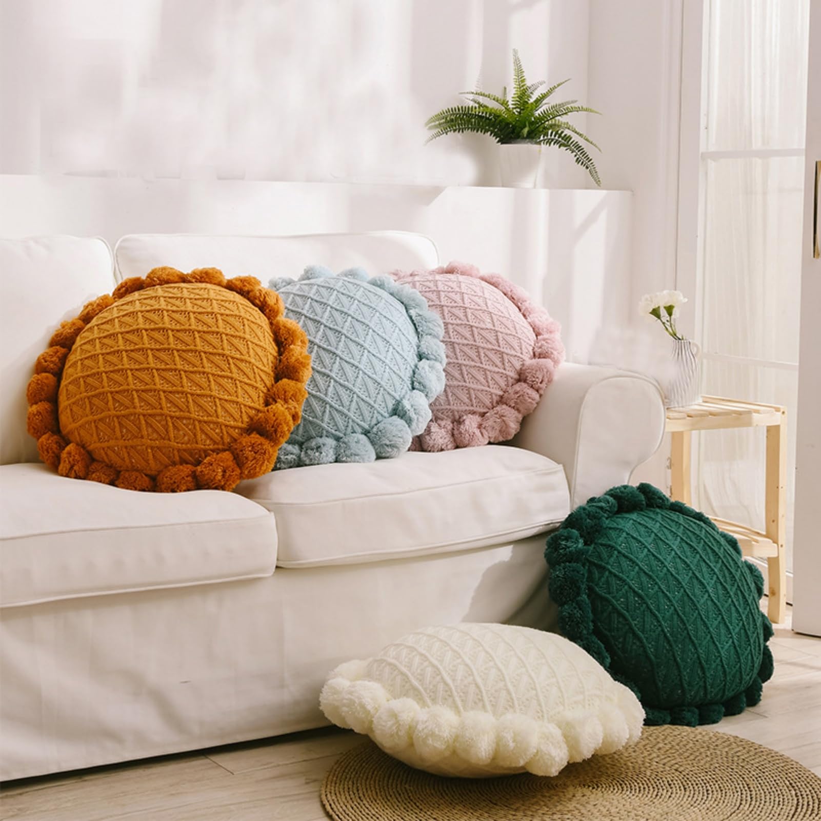 Runde Einfarbige Strick-Pompoms, Kissen-Dekorationskissen, Sonnenblumenkissen-Wurfkissen mit Einsatz für Sofa-Sofa-Bett, 50CM (Dark Blue)