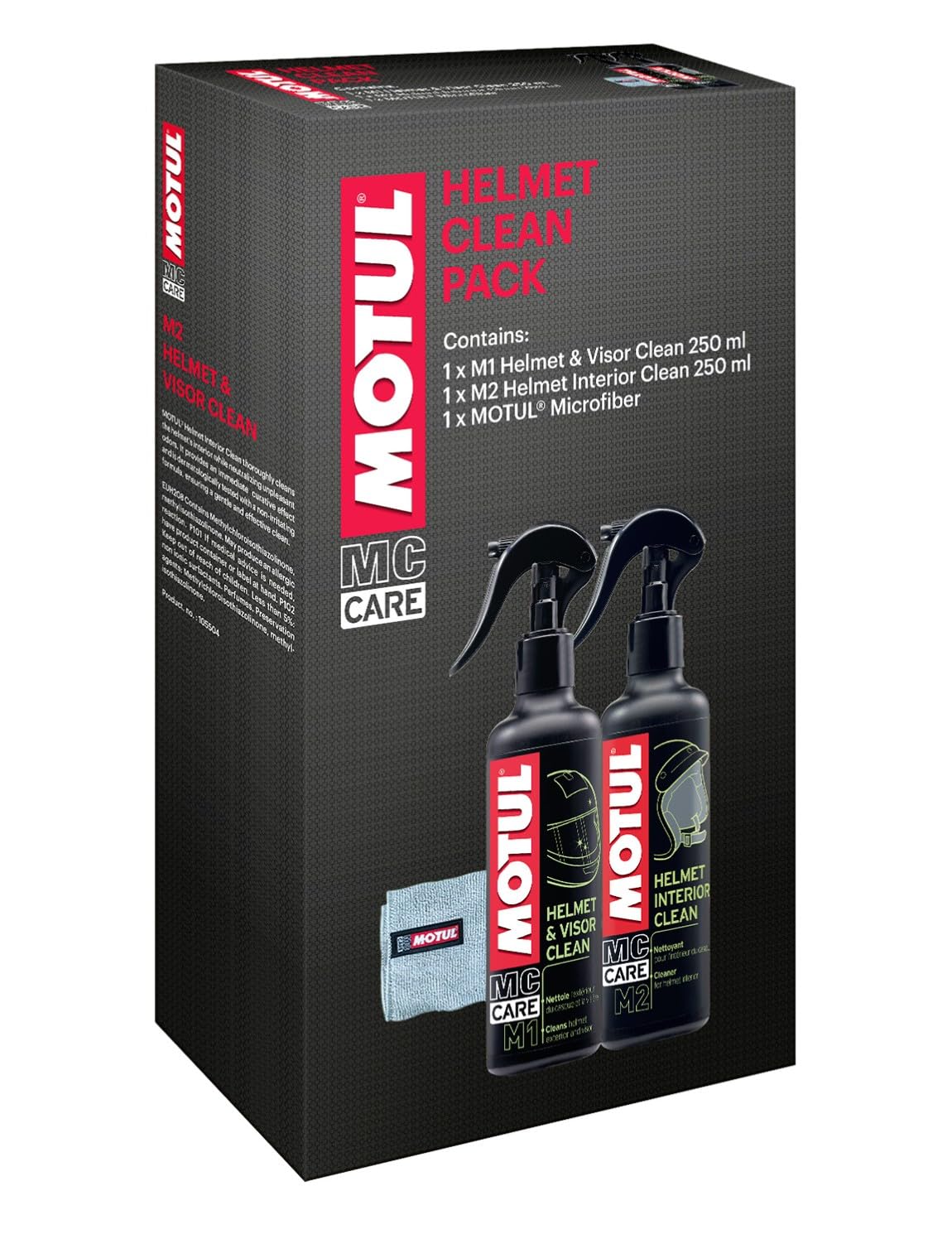 Motul - Kit de Nettoyage Casque Moto - Nettoyant Extérieur Casque et Visière Moto + Nettoyant Intérieur + Chiffon en Microfibre - MC Care Helmet & Visor Clean M1 - MC Care Helmet Interior Clean M2
