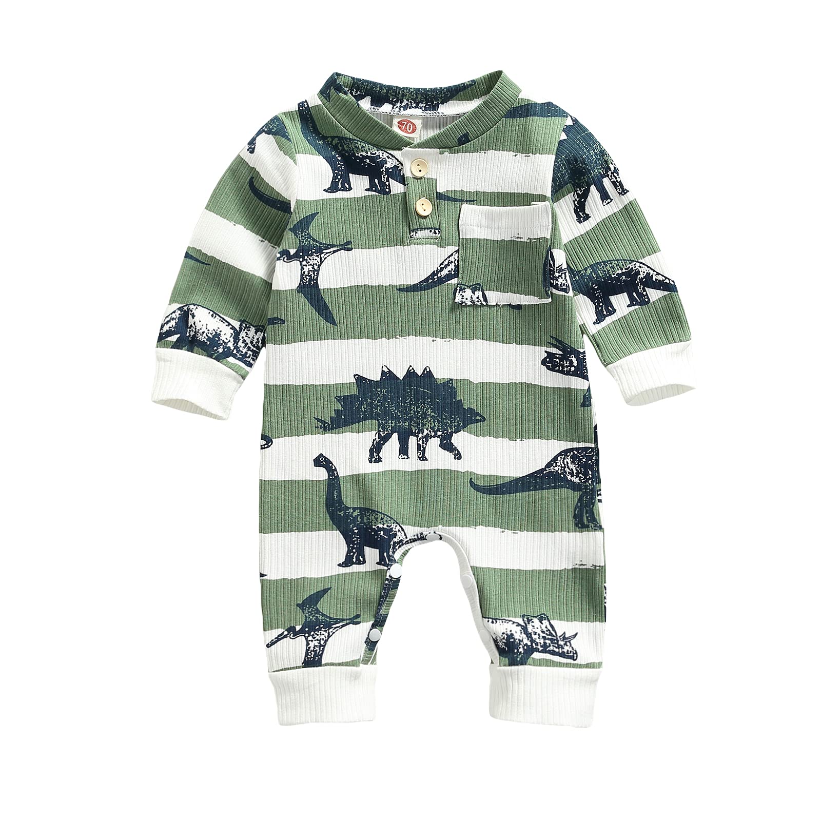 Karesoull Winter Newborn Baby Boy Romper Long Sleeve Clothes Cute Dinosaur Print Ribbed Cotton Button Jumpsuit Infant One-Piece Outfit (Green, 0-3 Months)