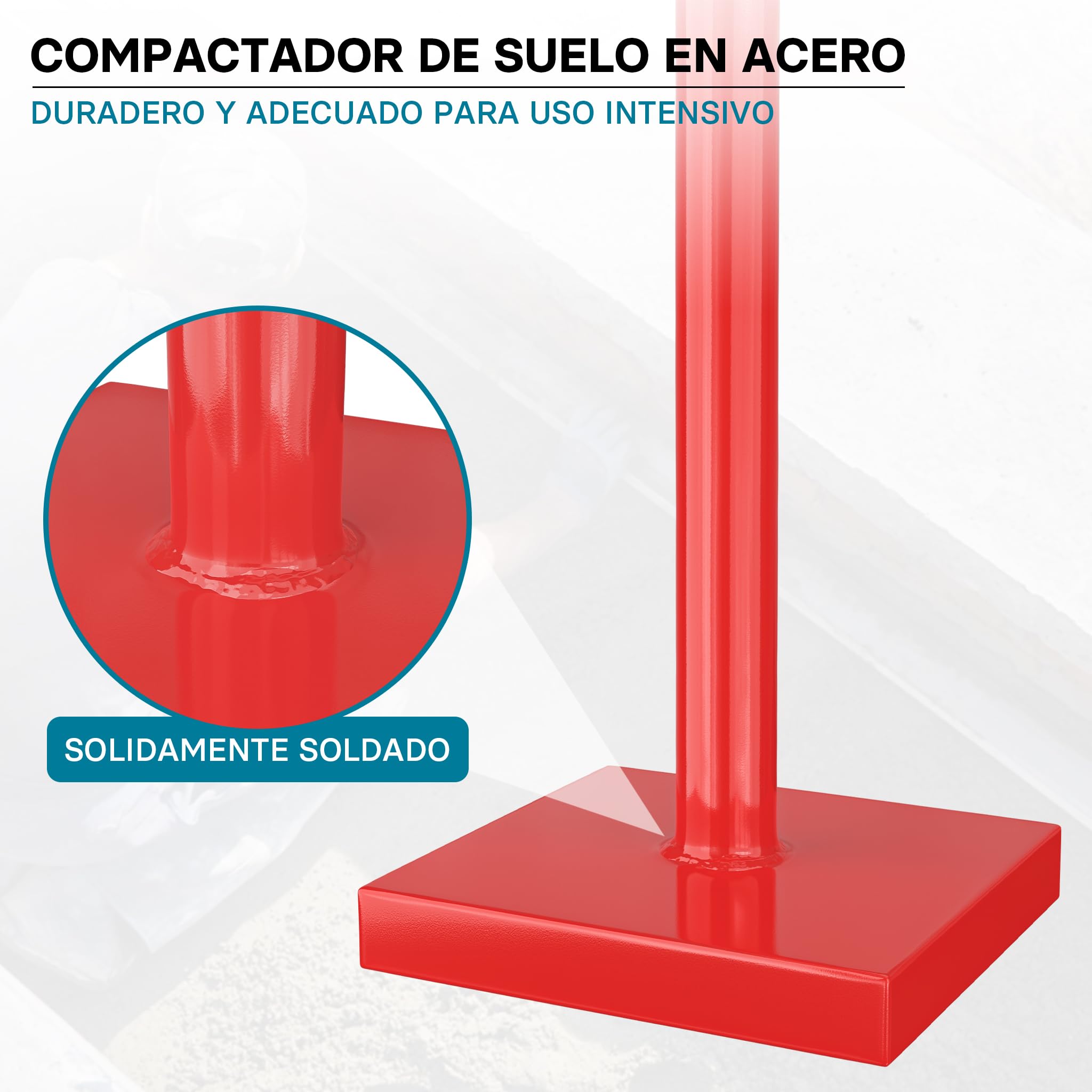 Wiltec Pisón de tierra 11,5 kg de acero, base 20 x 20 cm, mango en T, compactador manual