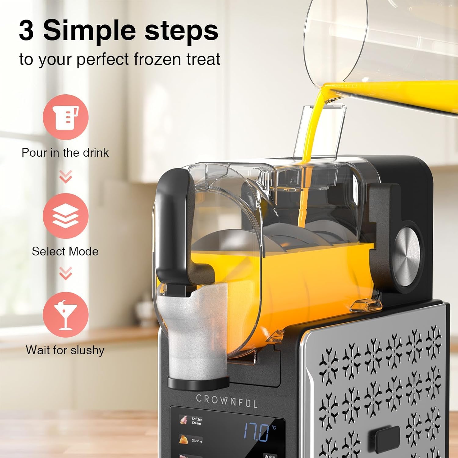CROWNFUL Macchina per Granite, 1.9L - 6 Programmi per Gelato, Frullati, Cocktail Ghiacciati, Frappè e Frullati - Autopulizia, Funzione Mantieni Freddo 12h