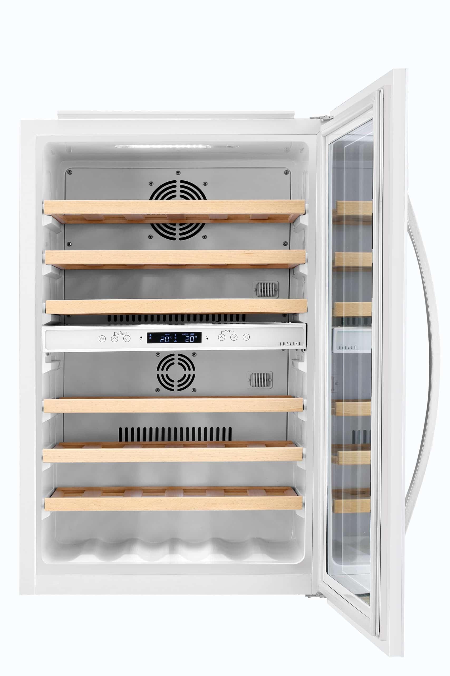 LV42W Weißer Einbau-Weinkühlschrank - Weinklimaschrank mit 2 Zonen, Vollglas-Designtür, 42 Flaschen, einstellbare Zonen von 5-20°C, Kompressorkühlung, 41dB, RVS-Handgriff