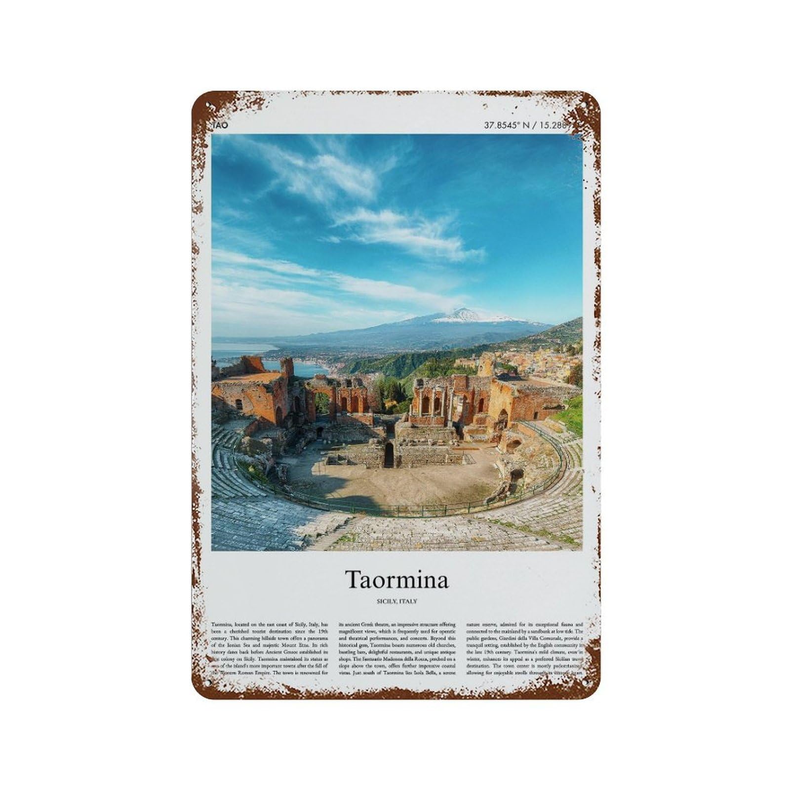 xiaoxiaoshen Taormina Sicily, Italy City Scenery Wall Decor Art Metal Tin Poster Modern Home Decor Art Home Bar Shop Decorations Vintage Sign 30x20cm