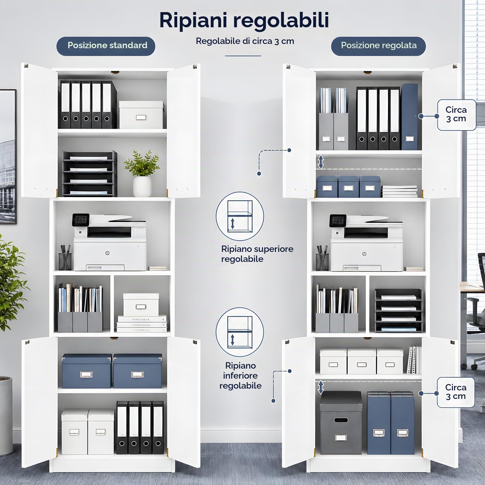 Armadio Ufficio Bianco 60x40x180,5 cm, Schedario da Ufficio con 4 Ante, Vano Stampante e Ripiani Regolabili, Mobile Multiuso Salvaspazio per Camera e Bagno, Credenza per Cucina e Soggiorno