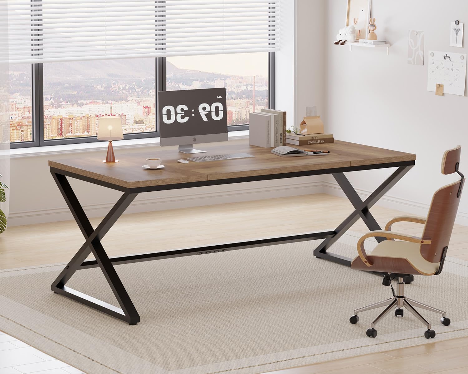 LVB Rustic Large Home Office Long and Wide Computer Desk, Wood Metal Work Desk for Study Writing Gaming, Farmhouse Dual Monitor Workstation Executive Computer Table 180×60×75.5cm Light Rustic