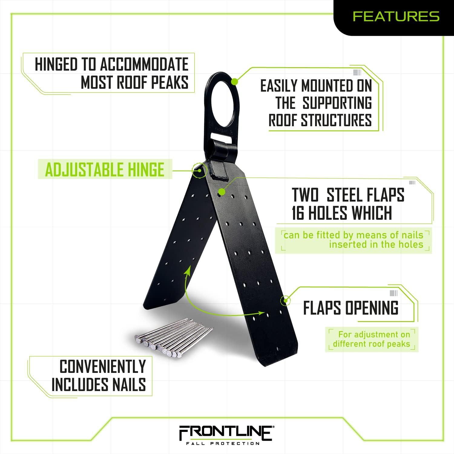 Frontline RO01 Reusable Hinged Roof Anchor | Heavy Duty D-Ring | OSHA & ANSI Compliant | High Strength Alloy Steel | Roofing Anchor with Nails Included (50 Pack)