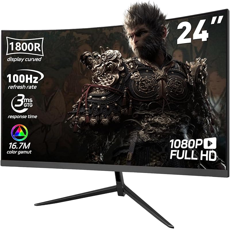 24 Inch Curved Gaming Monitor – 100Hz, 3ms Response Time, FHD, FreeSync, Eye-Care, Slim Design, HDMI/DP, Built-in Speakers VESA Mount