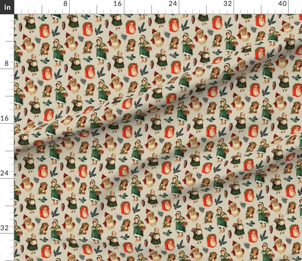 Spoonflower Fabric - Vintage Christmas Santa Kids Taupe Green Holly Berries Printed on Petal Signature Cotton Fabric by the Yard - Sewing Quilting Apparel Crafts Decor