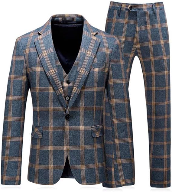 Amazon Co Jp Tasahaya メンズ スーツ 3ピーススーツ テーラードジャケット スラックス ベスト ビジネススーツ チェック柄 紳士服 結婚式 スリム 一つボタン 6130 M ブルー 服 ファッション小物