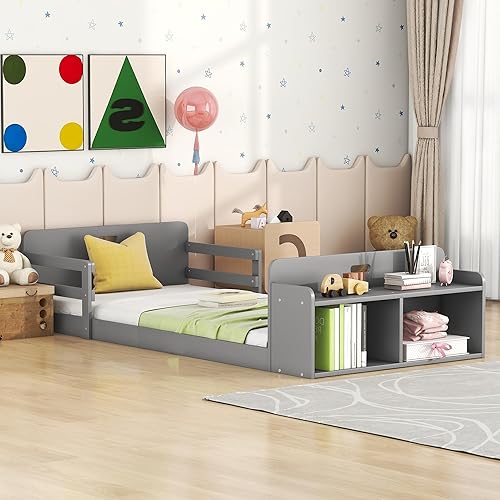 SOFTSEA Cama de piso doble con media barandilla, marco de cama baja de madera con estribo de almacenamiento