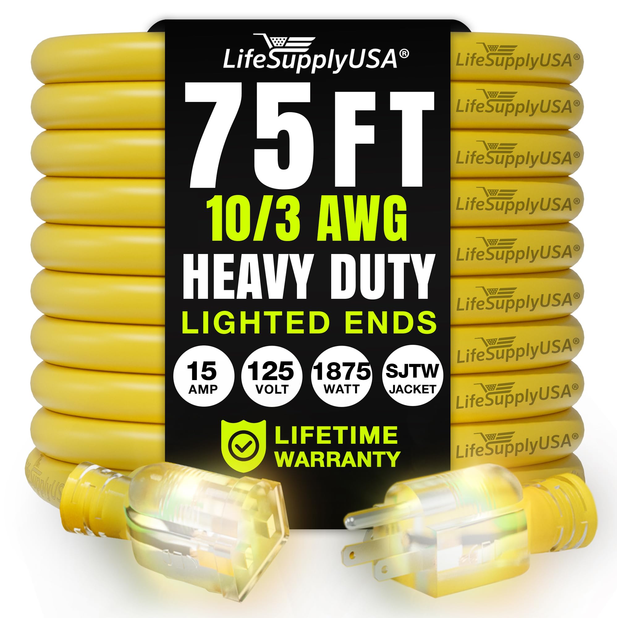 23 m przedłużacz zasilania na zewnątrz i wewnątrz wytrzymały 10 Gauge/3 Prong SJTW (żółty) oświetlony koniec dodatkowa trwałość 15 AMP 125 V 1875 W wg