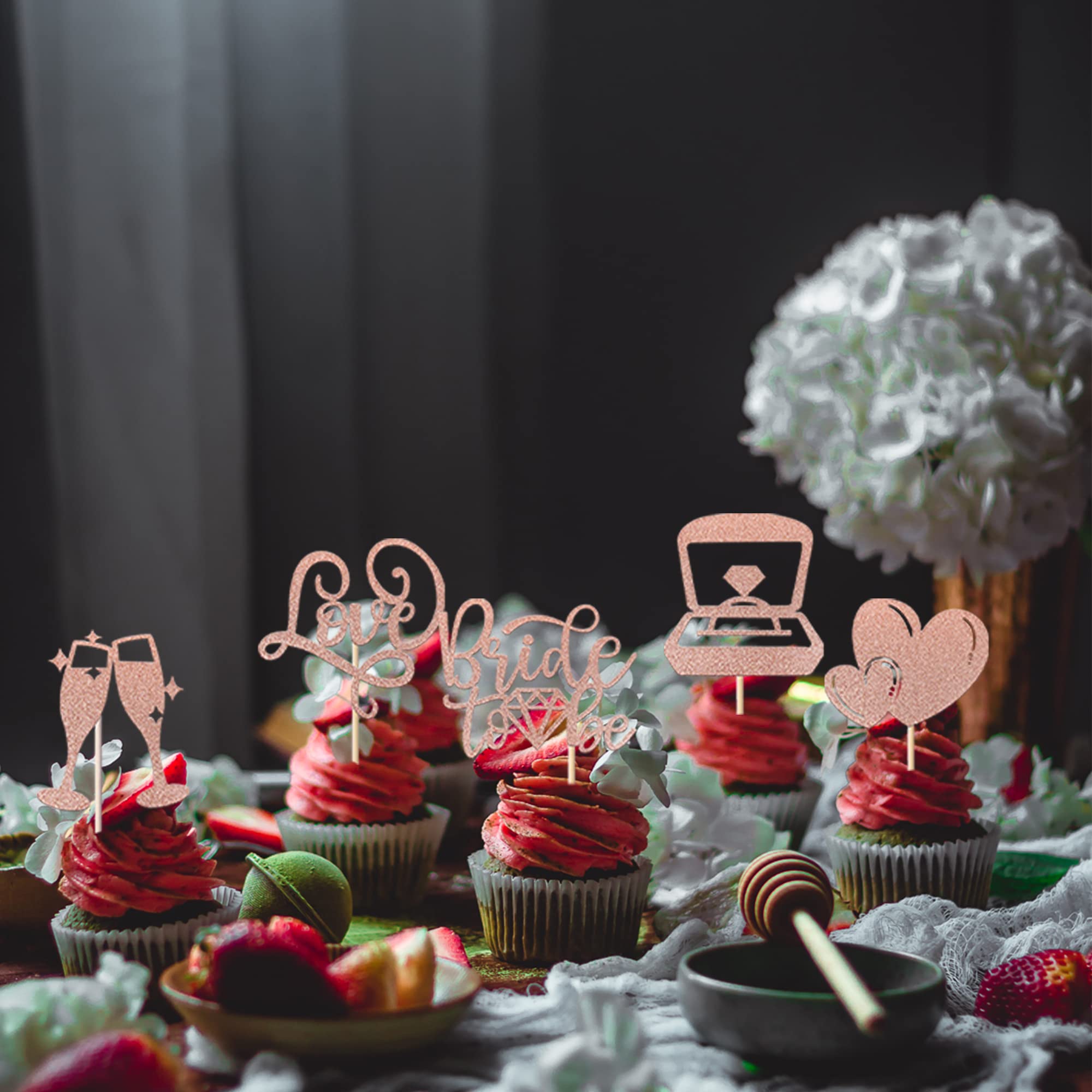 30 Cupcake-Topper Mit Glitzer – Champagner, Herzring, Für Hochzeit, Verlobung, Brautparty, Roségold