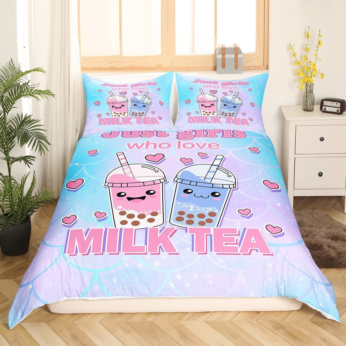 Castle Fairy Cute Milk Tea Bedding Set for Kids Boys Girls,Purple Blue Ombre Fishscale Comforter Cover Cute Room Decor,Cartoon Love Heart Ultra Soft Duvet Cover,Full Size Quilt Cover,No Comforter