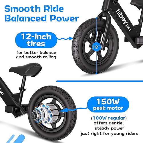 Miniatura 8 de Hiboy Bicicleta eléctrica de equilibrio para niños, neumáticos de 12 pulgadas, 5.6/9 mph, asiento ajustable, hasta 4.9 millas, bicicleta eléctrica