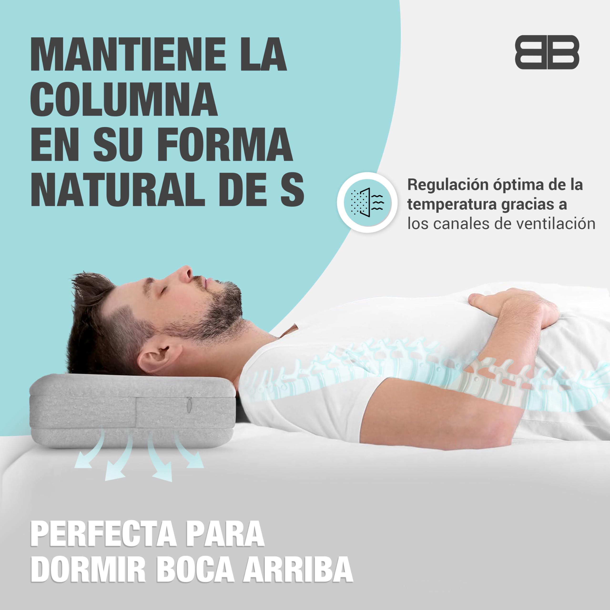 BACK BODYGUARD Almohada Cervical ergonómica con 2 Fundas, Almohada ortopédica, Almohada para Dormir de Espalda con Bolsa de Viaje (50 x 30 x 12 cm)