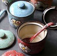 Vista 3 de Cerámica Retro Flor Azúcar Sal Pimienta Tarro de Almacenamiento de Condimentos con Tapa Y Cuchara