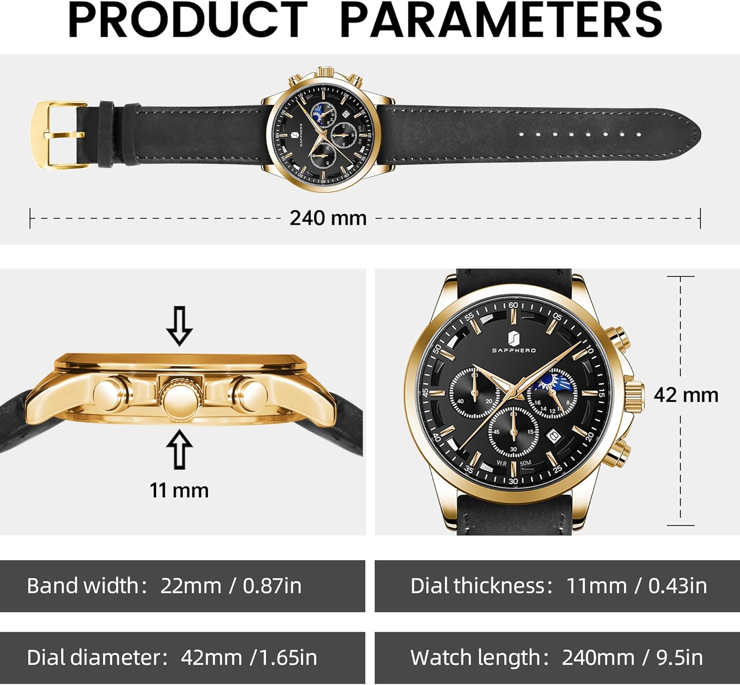 SAPPHERO Men's Watches Stainless Steel Chronograph Waterproof Quartz-Business Casual Dress Watch for Men Luminous Date Gold/Silver/Black Design-Easy-to-Read Luxury Dial-Leather Unique Elegant Gift - Image 5