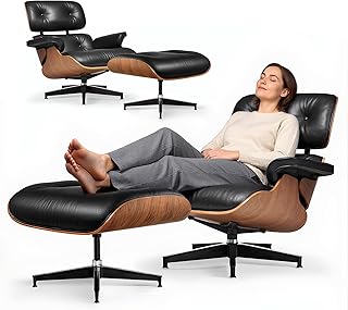 Leder Relaxsessel mit Hocker, Moderner Sessel Wohnzimmer Fernsehsessel, Drehbarer Chaiselongue mit Ottomane, Fester Neigungswinkel von 105°, TV-Sessel mit Gepolstertem Kissen, Schwarz