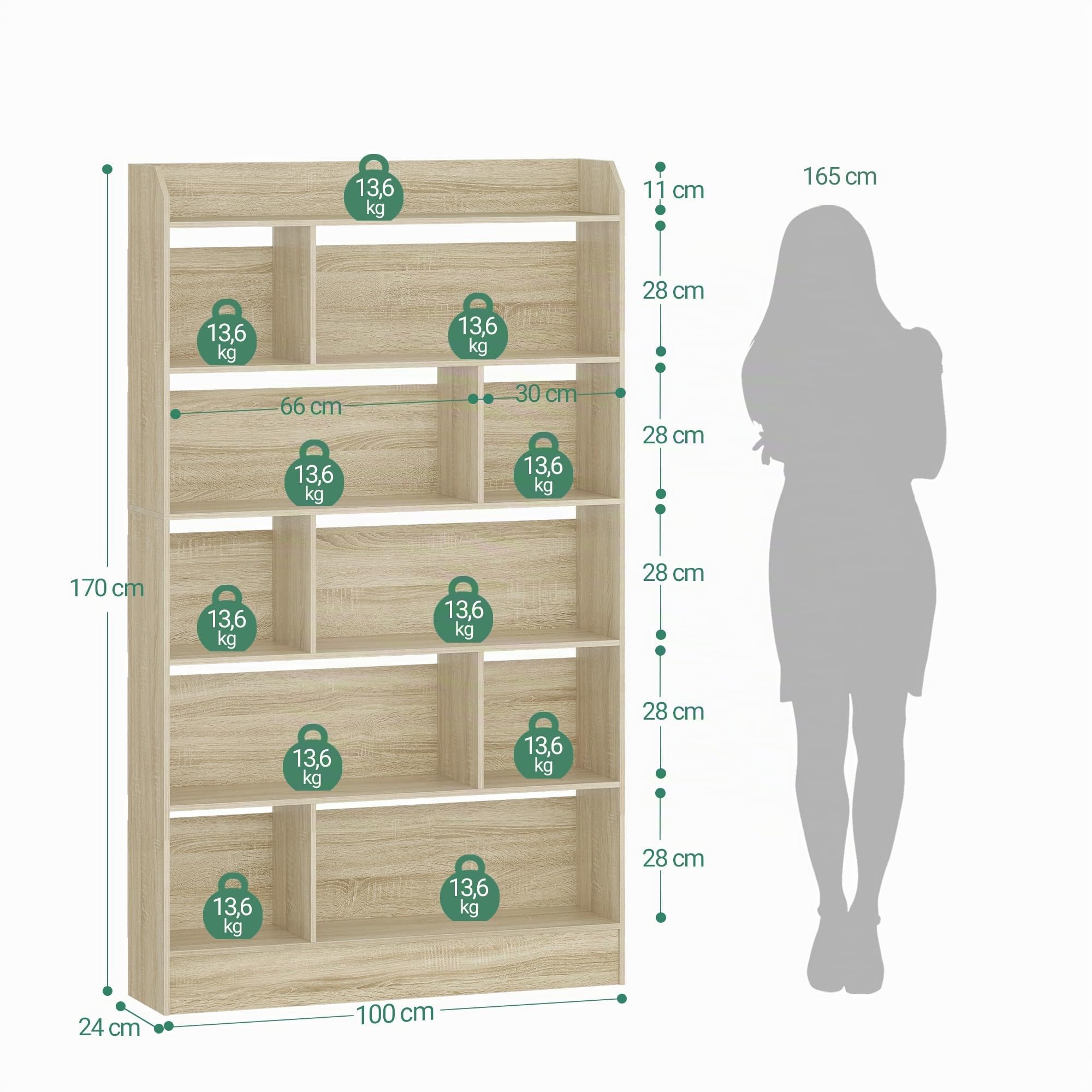Hzuaneri Bibliothèque, Étagère à 6 Niveaux, Meuble de Rangement Livres, Cloison Séparateur, Présentoir, pour Salon, Chambre, Bureau, 24 x 100 x 170 cm, Beige Chêne BC64416X