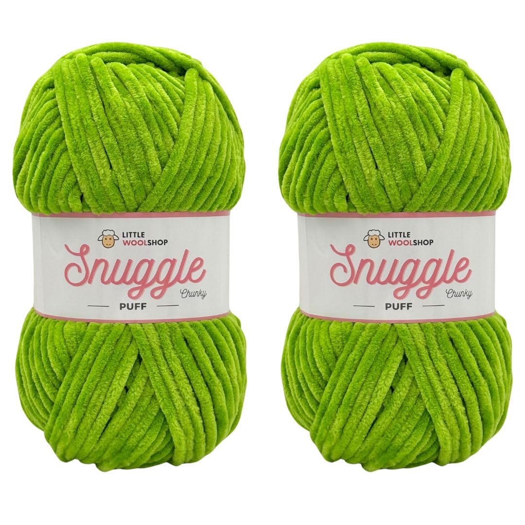 LittleWoolShop Snuggle Puff Chunky Chenille Yarn 100g - 100% Supersoft Polyester (Lime Burst 5988, Pack of 2)