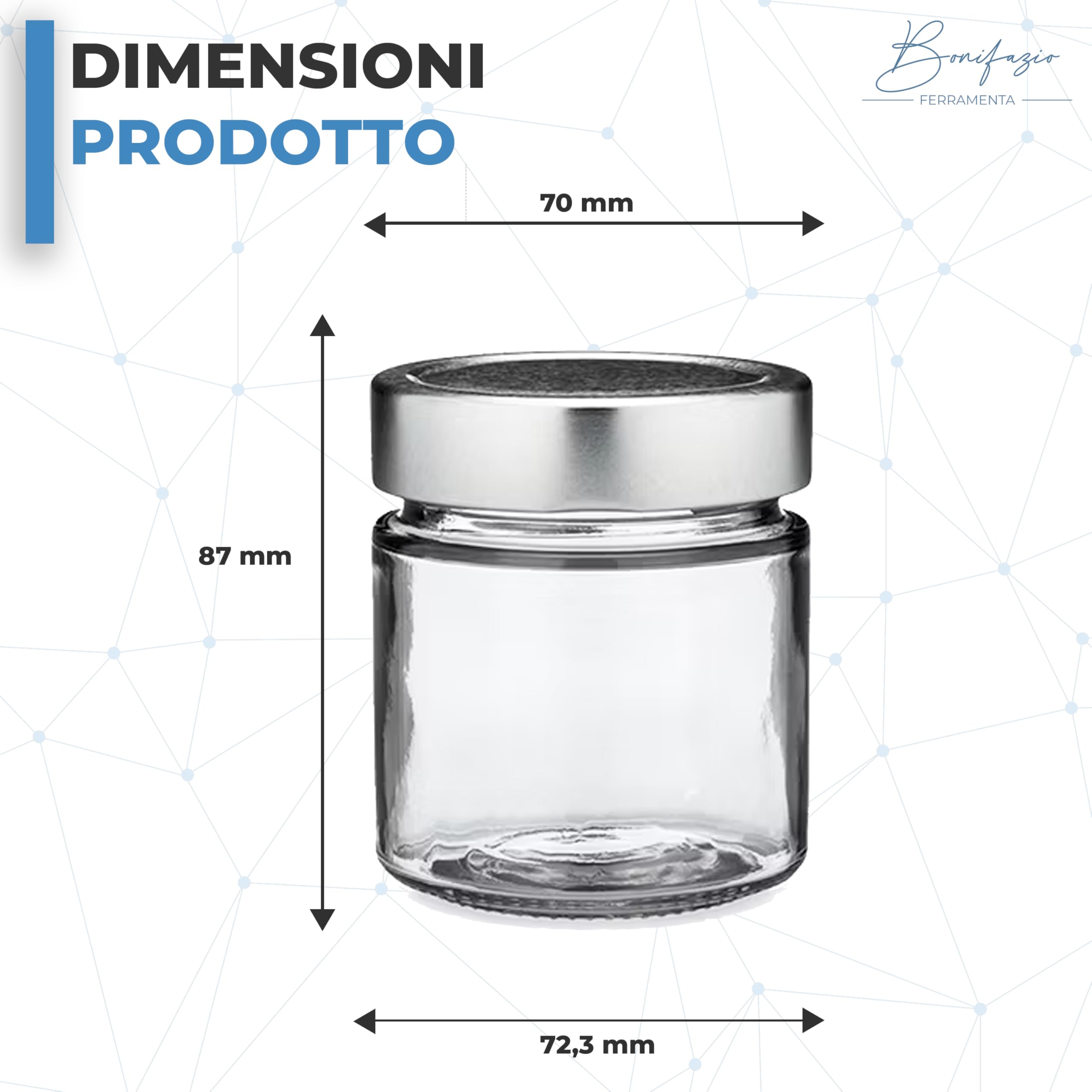 Vasetto in Vetro da 212 ml Rotondo in Confezione da 20 pezzi (212ml - 20 Pezzi) Vuoto con Tappo Alto Argento per Conserve, Marmellate, Miele, Salse, Arredo e Oggettistica, Regalo
