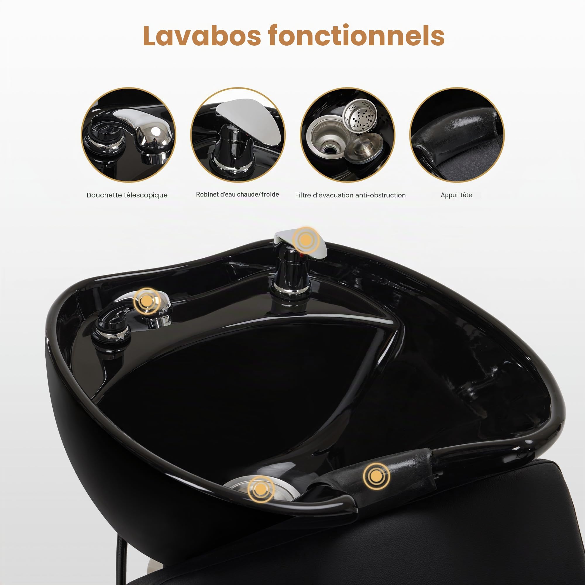 Barberpub Fauteuil de Coiffeur avec lavabo, Repose-Pieds Pliable, lavabo réglable en céramique, pour Salon de Spa, Coiffeur, Salle de Bain 8675 (Noir)