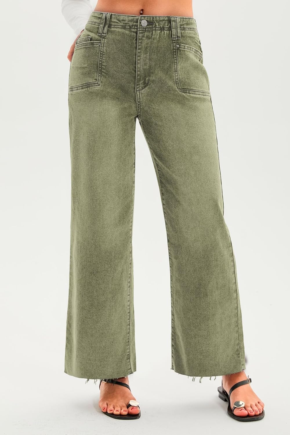 Cicy Bell Womens High Waisted Cropped Jeans Trendy Stretchy Baggy Straight Leg Raw Hem Capri Denim Pants - Image 2