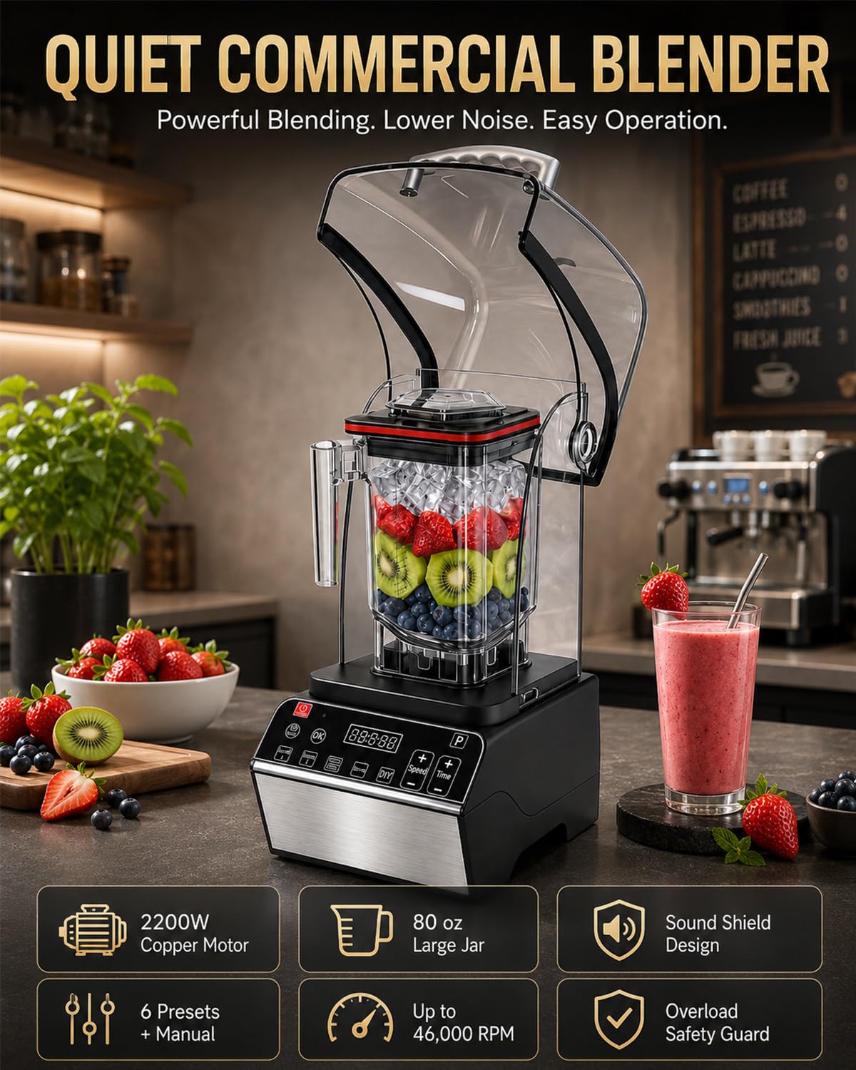 Cichy Blender Blatowy 46000 RPM, 6 Programów, do Smoothie i Shake | Silnik z Czystej Miedzi Wspiera Codzienną Pracę, a Duży Pojemnik i Szybkie Płukanie Pomagają Szybko Serwować Napoje i Potrawy