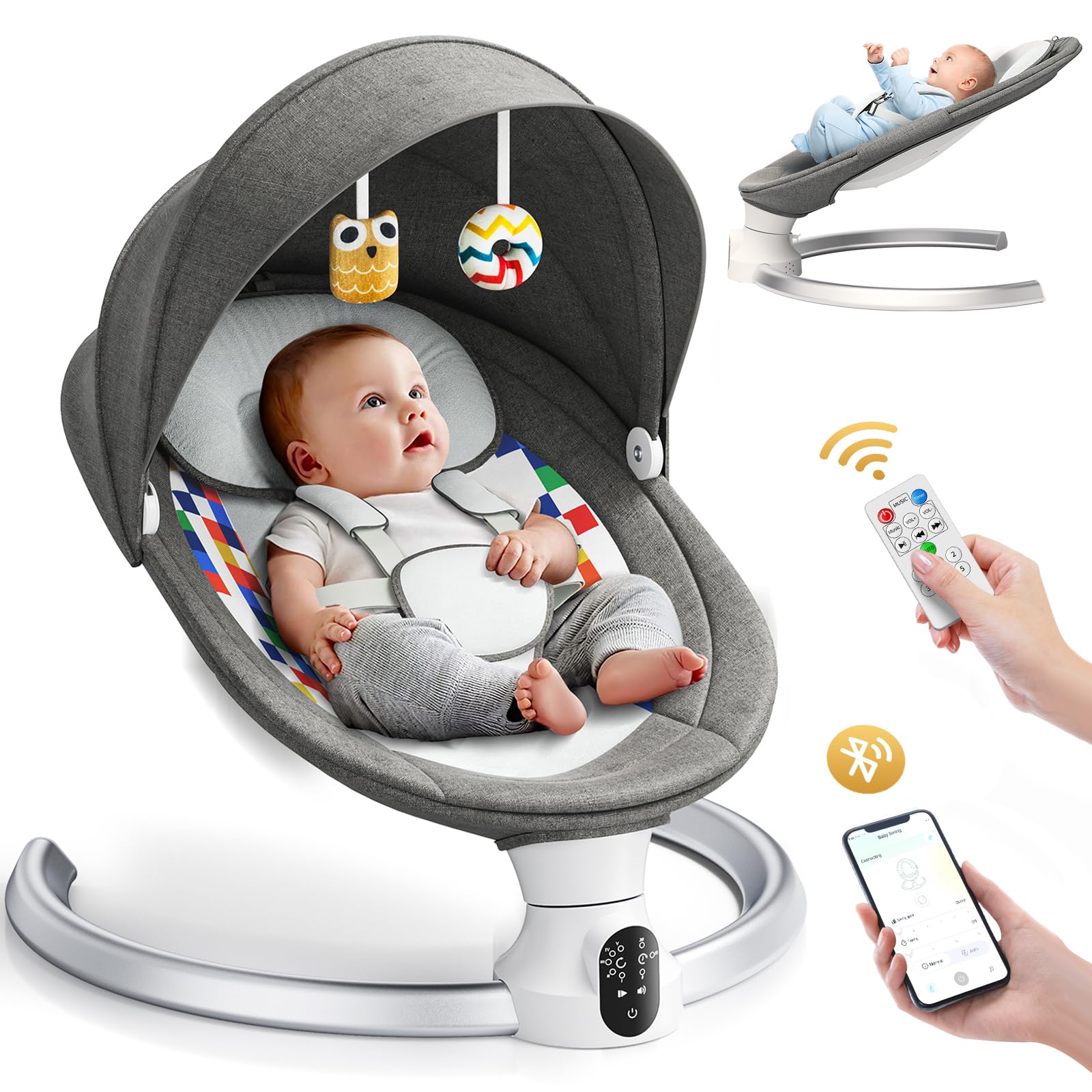 Bouncer eléctrico para bebés con 5 amplitudes de Swing Temporizador de 3 etapas, Silla de Gorila para bebés con Control de Bluetooth y Control Remoto, 12 Canciones de Cuna preestablecidas